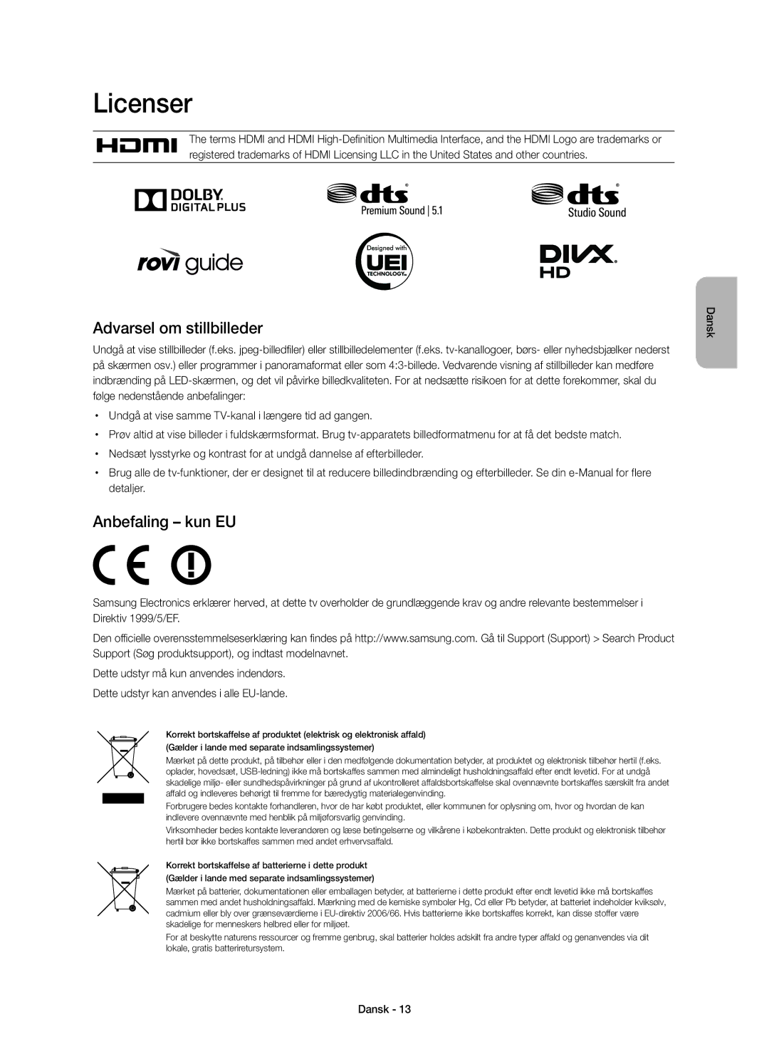 Samsung UE55H6415SUXXE, UE32H6415SUXXE, UE48H6415SUXXE, UE40H6415SUXXE manual Anbefaling kun EU, Detaljer 