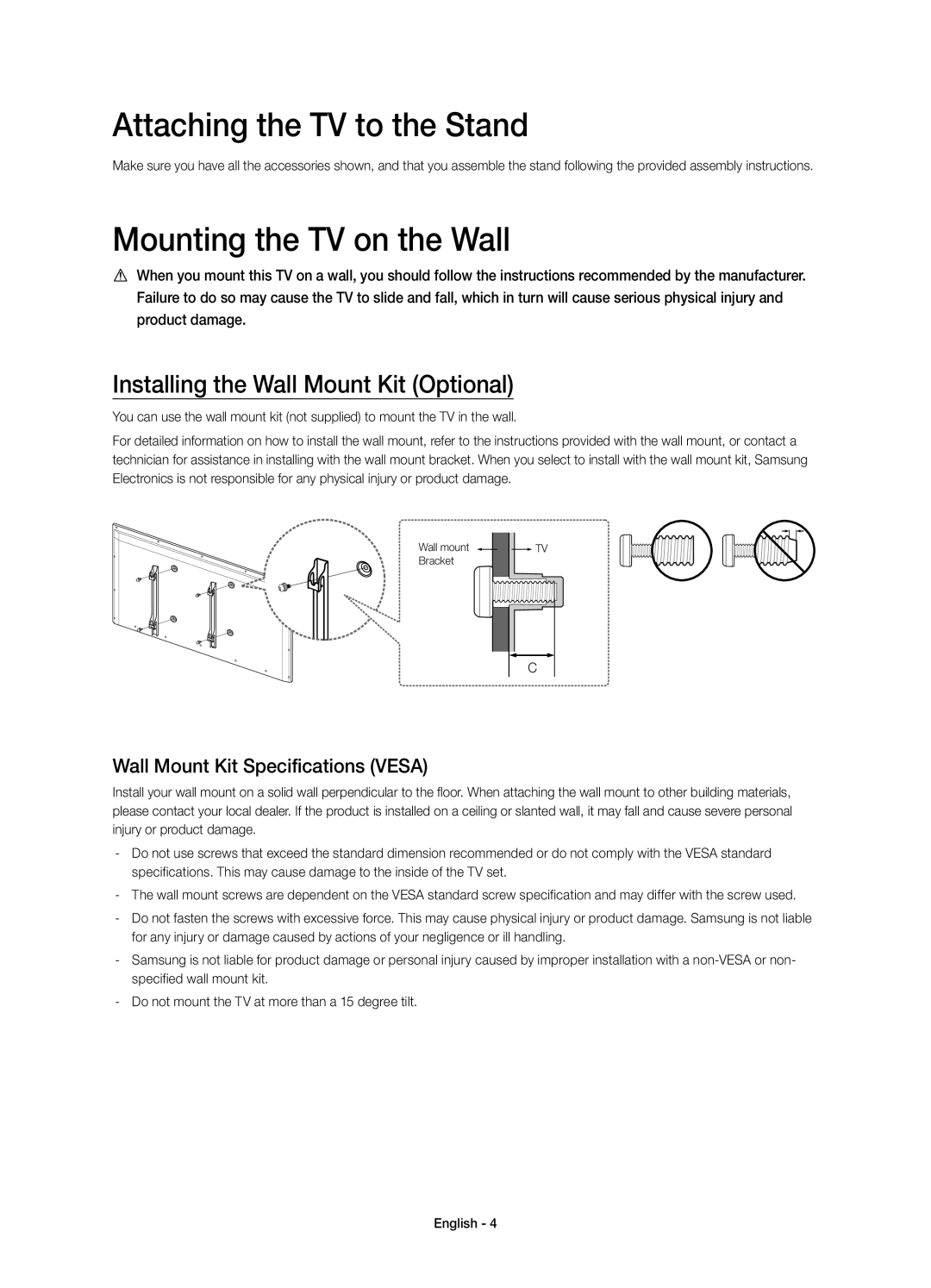 Samsung UE32H6415SUXXE Attaching the TV to the Stand, Mounting the TV on the Wall, Installing the Wall Mount Kit Optional 