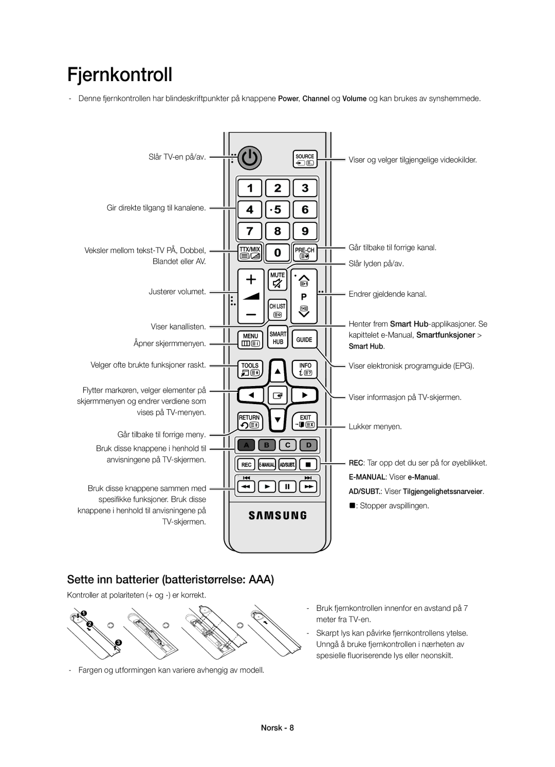 Samsung UE32H6415SUXXE, UE55H6415SUXXE, UE48H6415SUXXE, UE40H6415SUXXE manual Sette inn batterier batteristørrelse AAA 