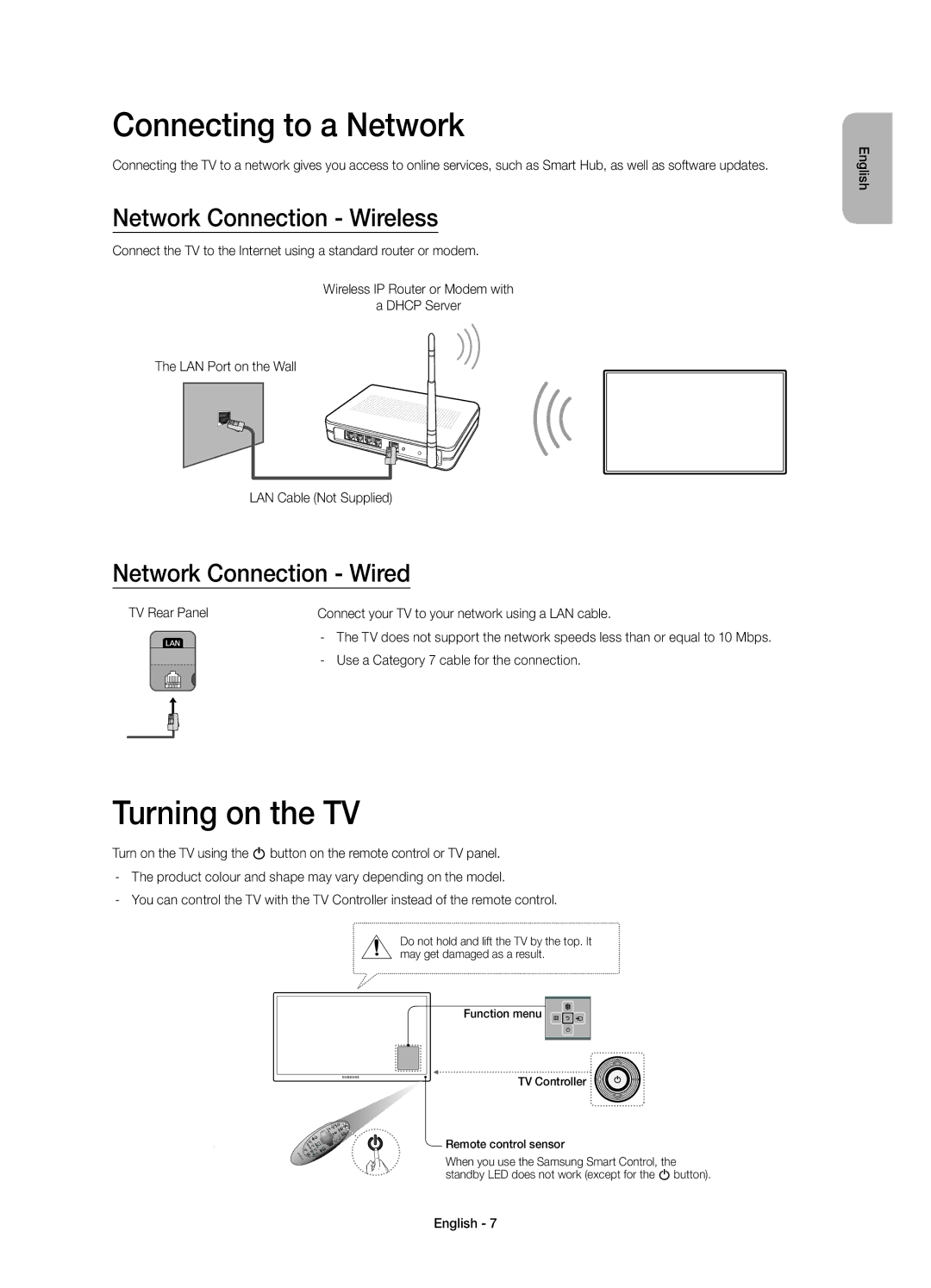 Samsung UE40H6415SUXXE Connecting to a Network, Turning on the TV, Network Connection Wireless, Network Connection Wired 