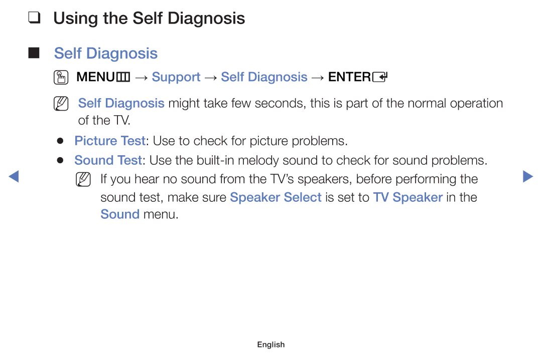 Samsung UE40J5000AWXXC, UE32J4000AWXXH Using the Self Diagnosis, OO MENUm → Support → Self Diagnosis → Entere, Sound menu 