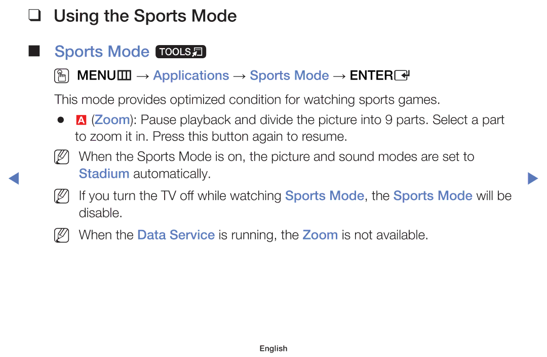 Samsung UE48J5000AWXXN manual Using the Sports Mode, Sports Mode t, OO MENUm → Applications → Sports Mode → Entere 