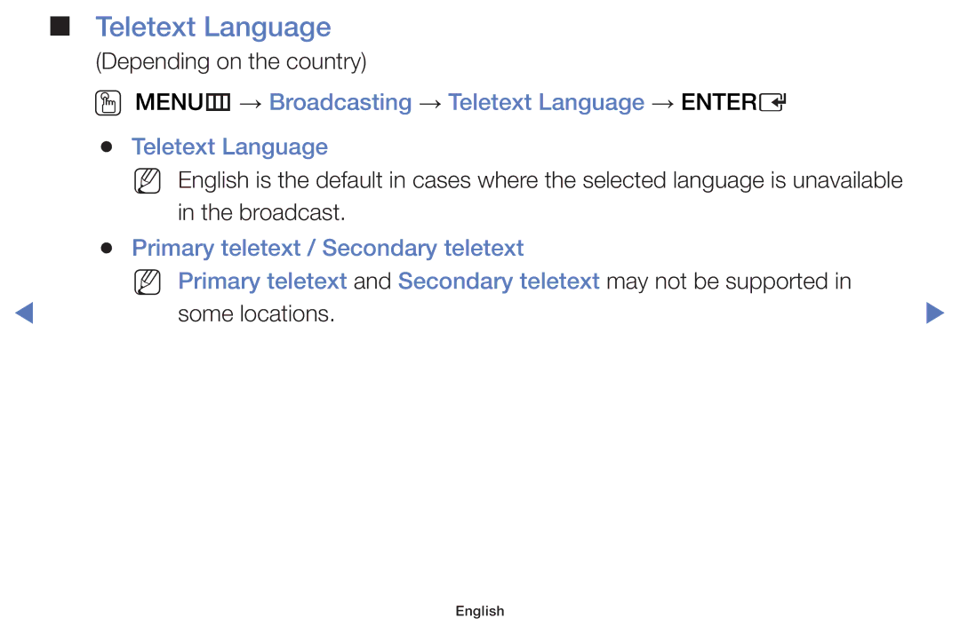 Samsung UE32J5000AWXXH, UE32J4000AWXXH, UE32J4000AWXXC manual OO MENUm → Broadcasting → Teletext Language → Entere 