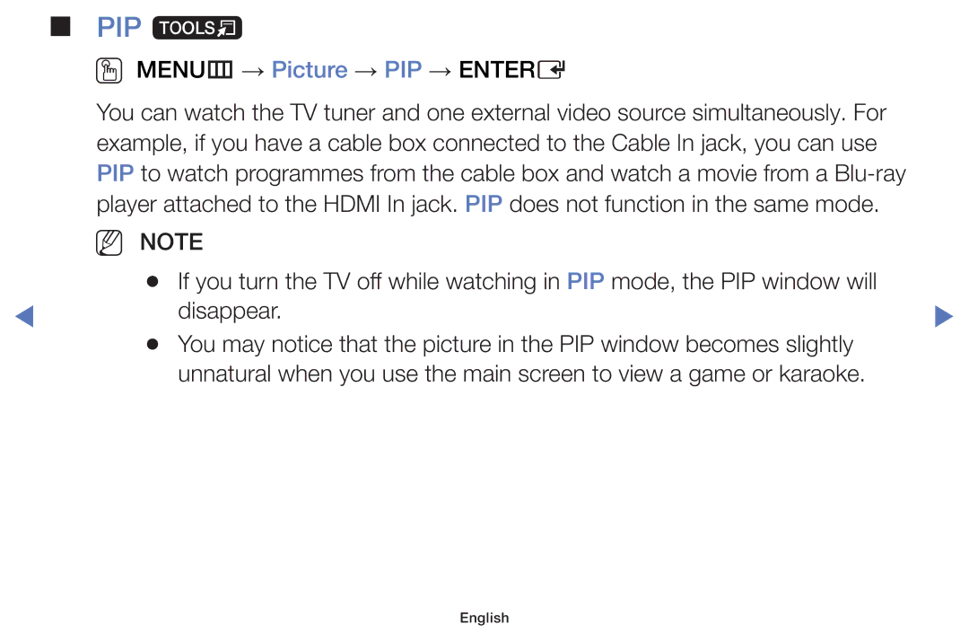 Samsung UE32J4000AWXXN, UE32J4000AWXXH, UE32J4000AWXXC, UE32J5000AWXXH manual PIP t, OO MENUm → Picture → PIP → Entere 