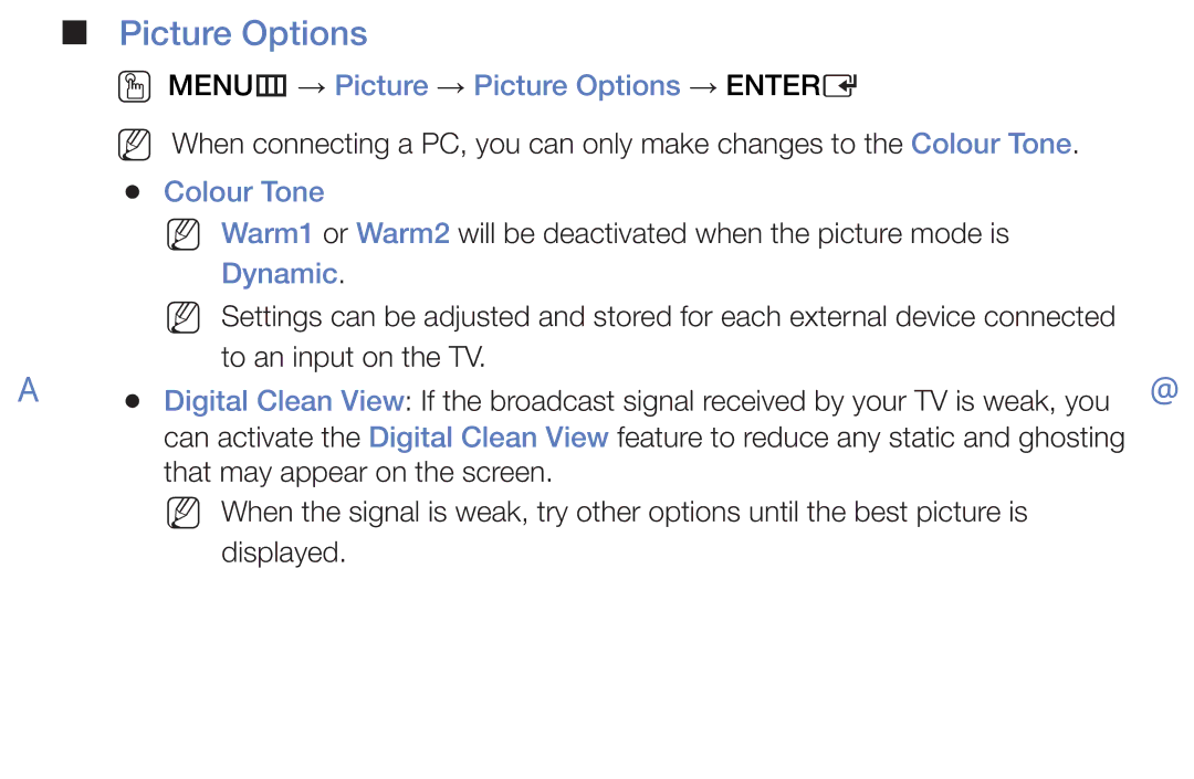 Samsung UE40J5000AWXXC, UE32J4000AWXXH manual OO MENUm → Picture → Picture Options → Entere, Colour Tone, Dynamic 