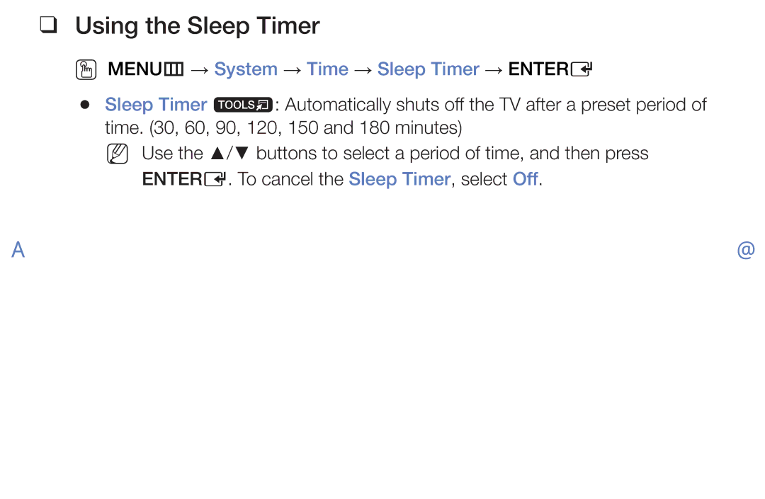 Samsung UE32J4000AWXZF, UE32J4000AWXXH manual Using the Sleep Timer, OO MENUm → System → Time → Sleep Timer → Entere 