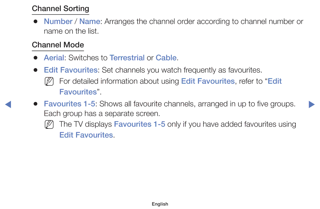 Samsung UE55J5100AWXZF manual Aerial Switches to Terrestrial or Cable, Favourites, Each group has a separate screen 