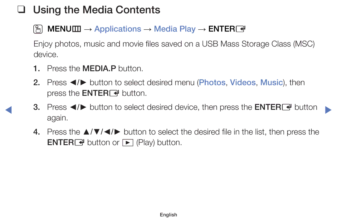 Samsung UE40J5000AWXXH, UE32J4000AWXXH, UE32J4000AWXXC, UE32J5000AWXXH, UE32J5000AWXXC manual Using the Media Contents 