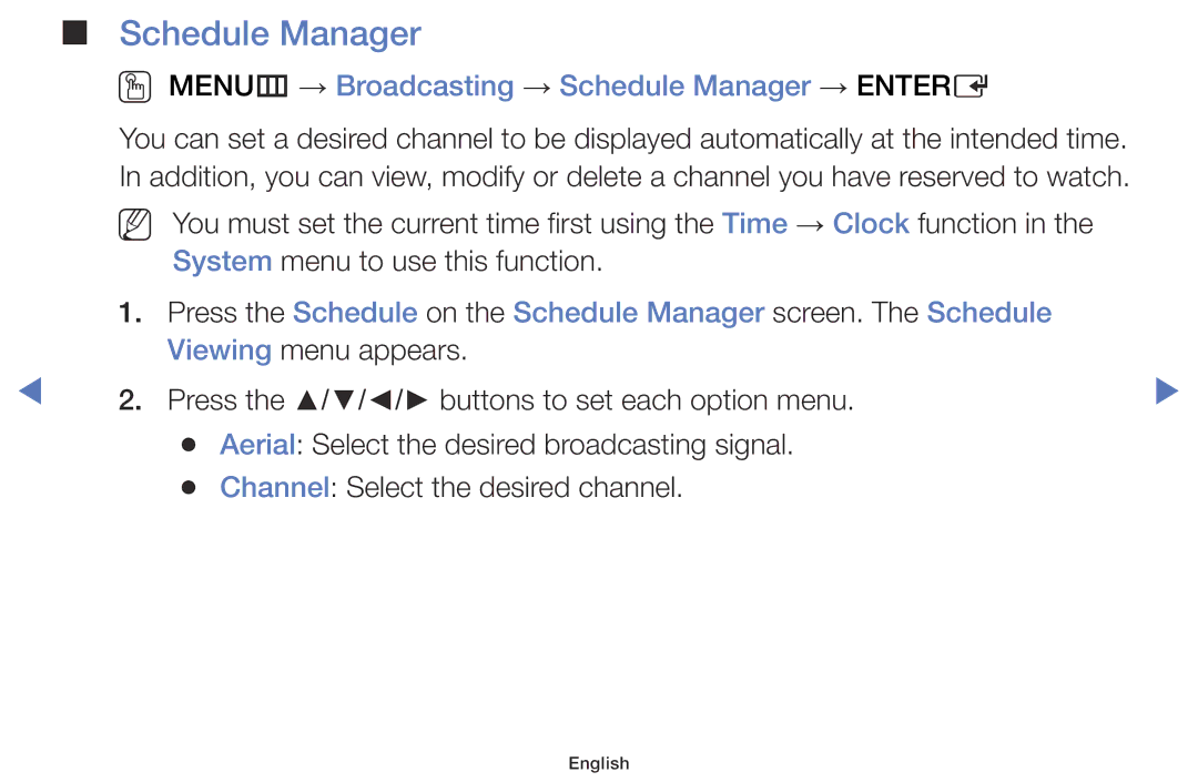 Samsung UE32J4000AWXXN, UE32J4000AWXXH, UE32J4000AWXXC manual OO MENUm → Broadcasting → Schedule Manager → Entere 