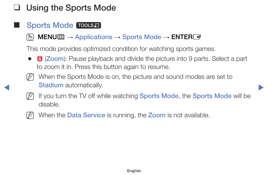 Samsung UE50J6100AWXZF manual Using the Sports Mode, Sports Mode t, OO MENUm → Applications → Sports Mode → Entere 