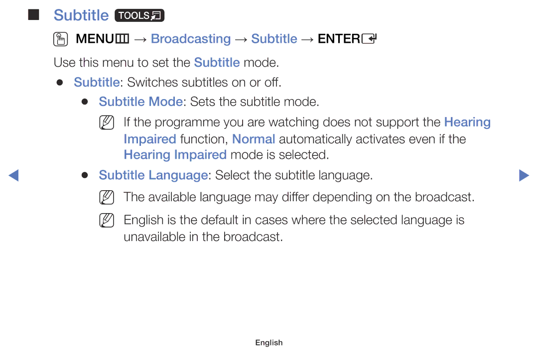 Samsung UE32J4000AWXXC manual Subtitle t, OO MENUm → Broadcasting → Subtitle → Entere, Hearing Impaired mode is selected 