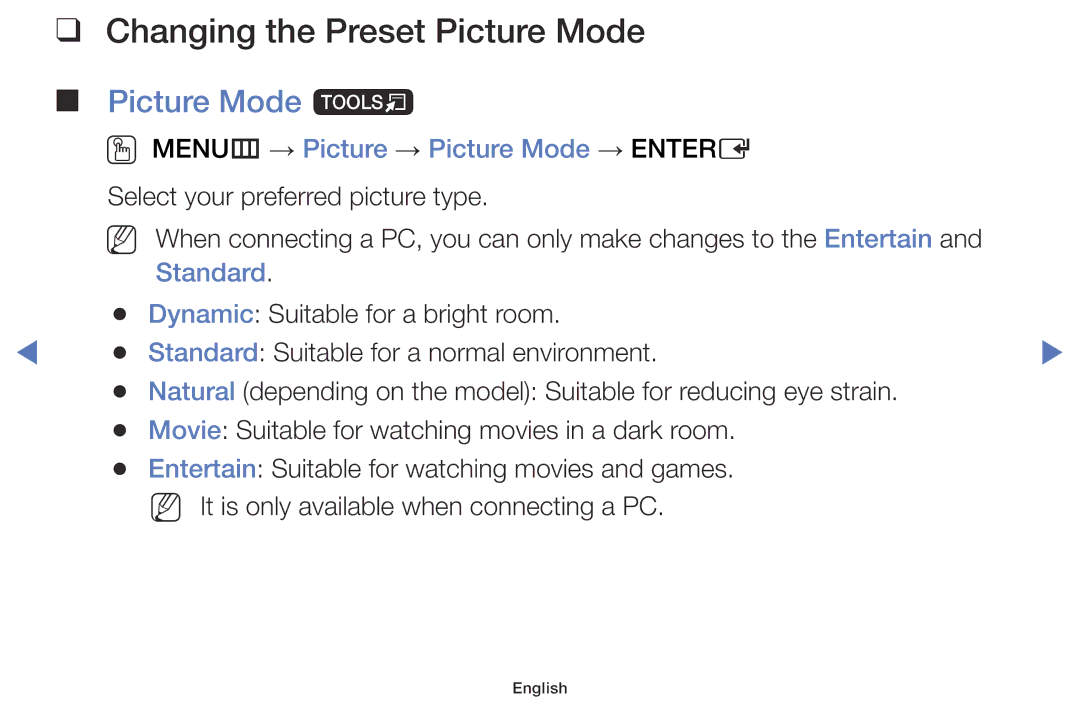 Samsung UE48J5000AWXZF manual Changing the Preset Picture Mode, Picture Mode t, OO MENUm → Picture → Picture Mode → Entere 