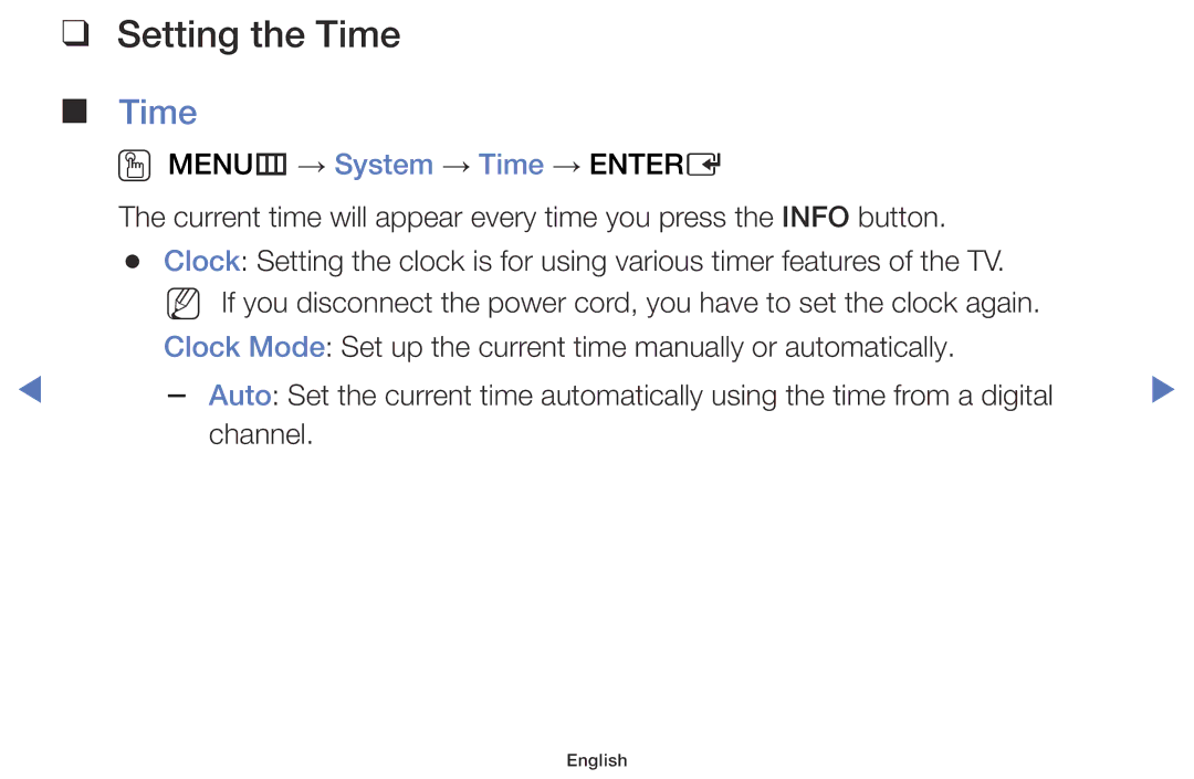 Samsung UE40J5000AWXXC, UE32J4000AWXXH, UE32J4000AWXXC, UE32J5000AWXXH, UE32J5000AWXXC, UE40J5000AWXXH manual Setting the Time 
