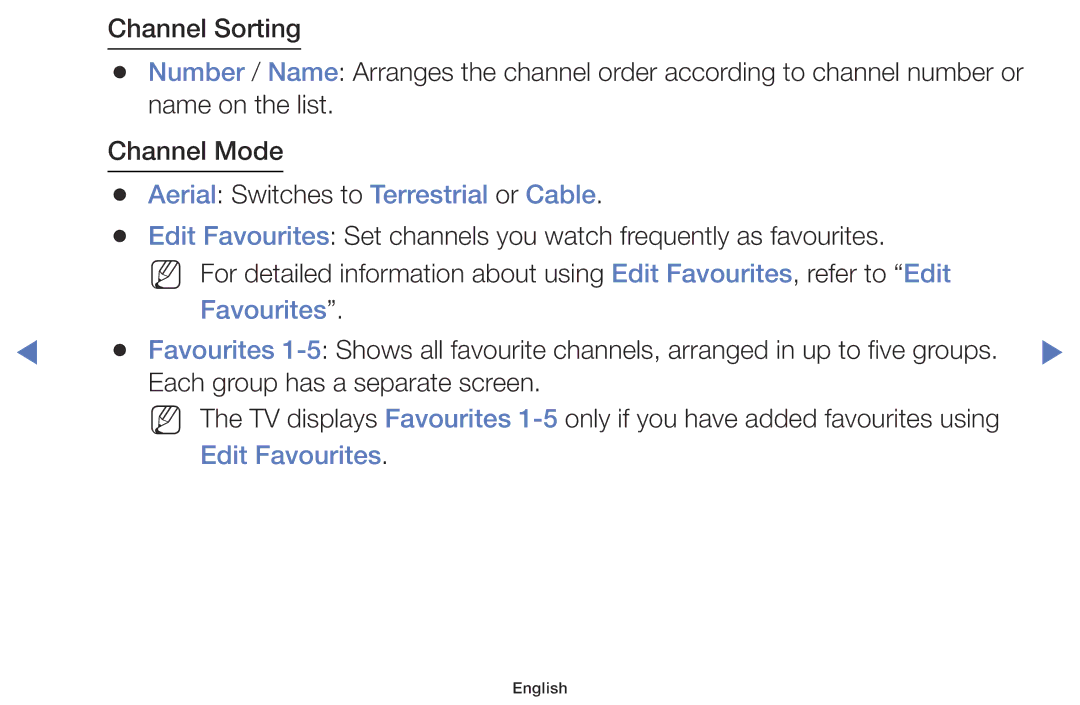 Samsung UE40J5000AWXZF manual Aerial Switches to Terrestrial or Cable, Favourites, Each group has a separate screen 