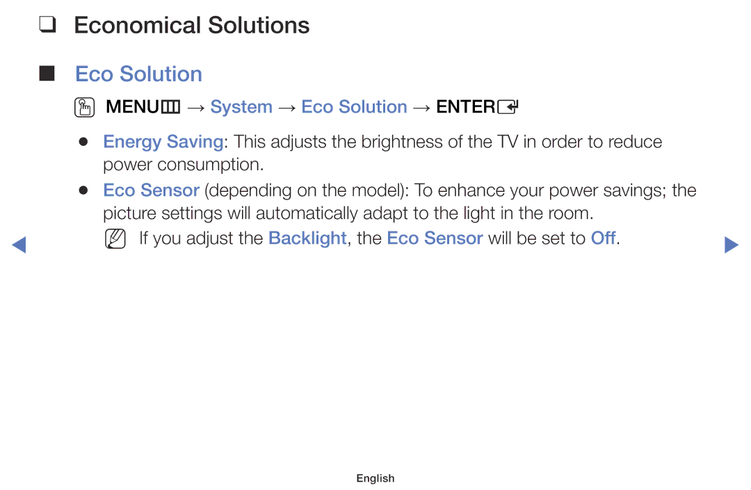 Samsung UE60J6100AWXXN, UE32J4000AWXXH, UE32J4000AWXXC Economical Solutions, OO MENUm → System → Eco Solution → Entere 