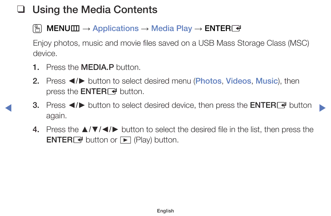 Samsung UE40J5000AWXXC, UE32J4000AWXXH, UE32J4000AWXXC, UE32J5000AWXXH, UE32J5000AWXXC manual Using the Media Contents 