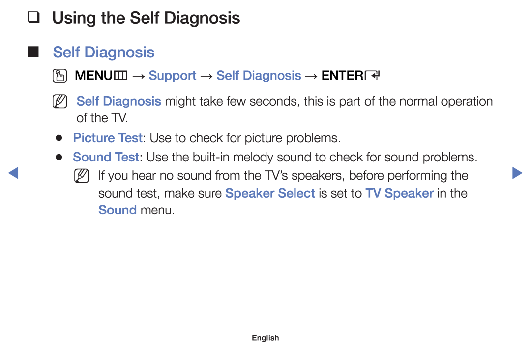 Samsung UE40J5000AWXXC, UE32J4000AWXXH Using the Self Diagnosis, OO MENUm → Support → Self Diagnosis → ENTERE, Sound menu 