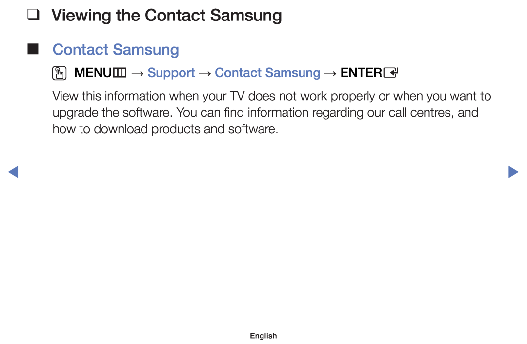Samsung UE40J5000AWXXN, UE32J4000AWXXH Viewing the Contact Samsung, OO MENUm → Support → Contact Samsung → ENTERE, English 