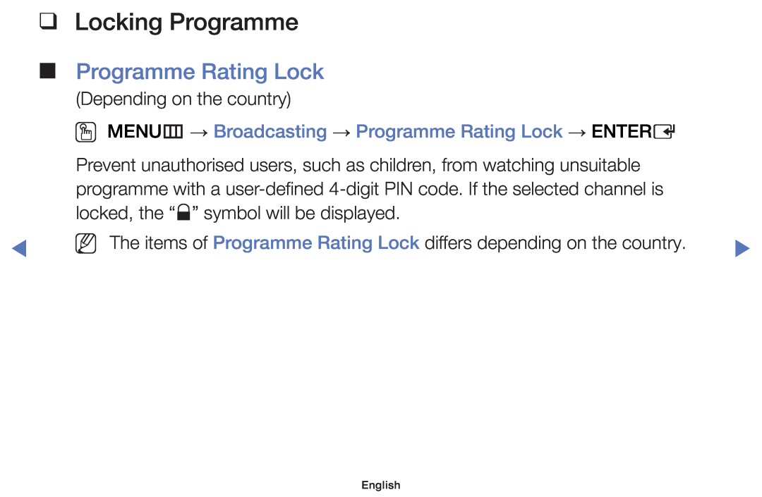 Samsung UE40J5000AWXBT manual Locking Programme, OO MENUm → Broadcasting → Programme Rating Lock → ENTERE, English 