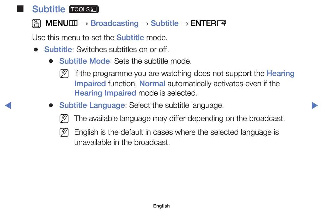 Samsung UE55J5100AWXBT manual Subtitle t, OO MENUm → Broadcasting → Subtitle → ENTERE, Hearing Impaired mode is selected 