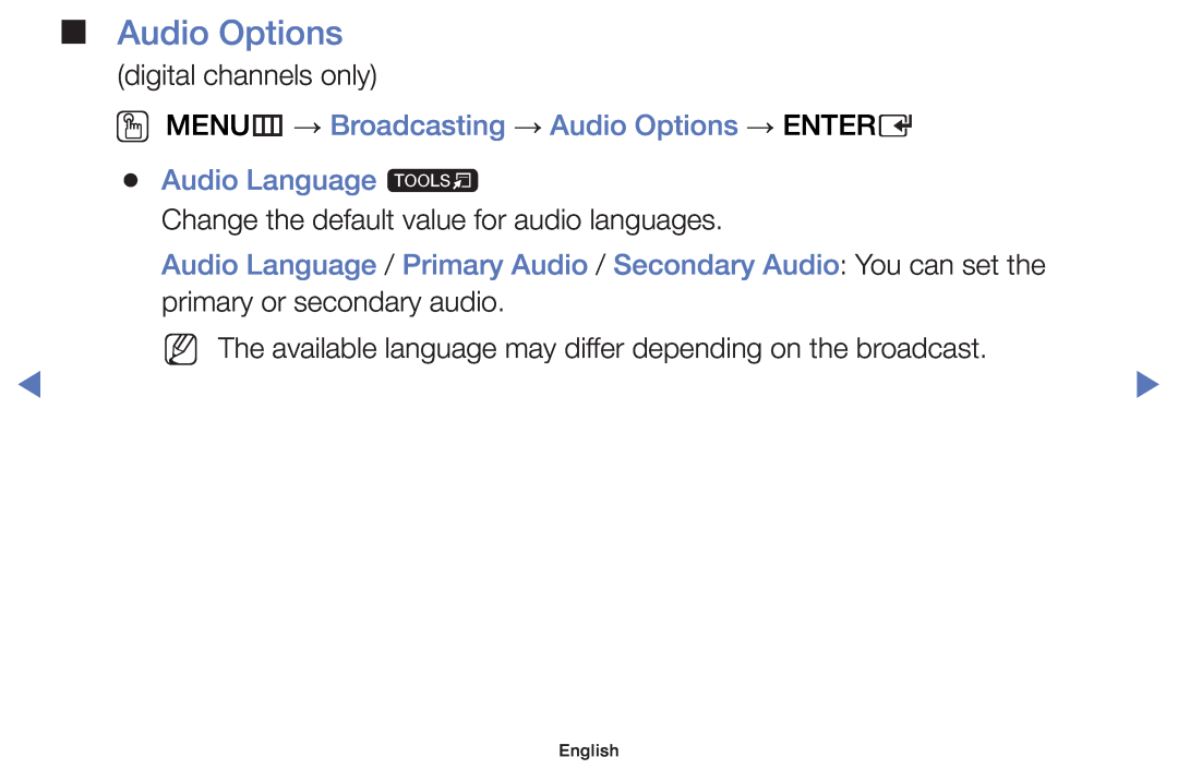 Samsung UE32J4000AWXXH, UE32J4000AWXXC manual OO MENUm → Broadcasting → Audio Options → ENTERE Audio Language t, English 