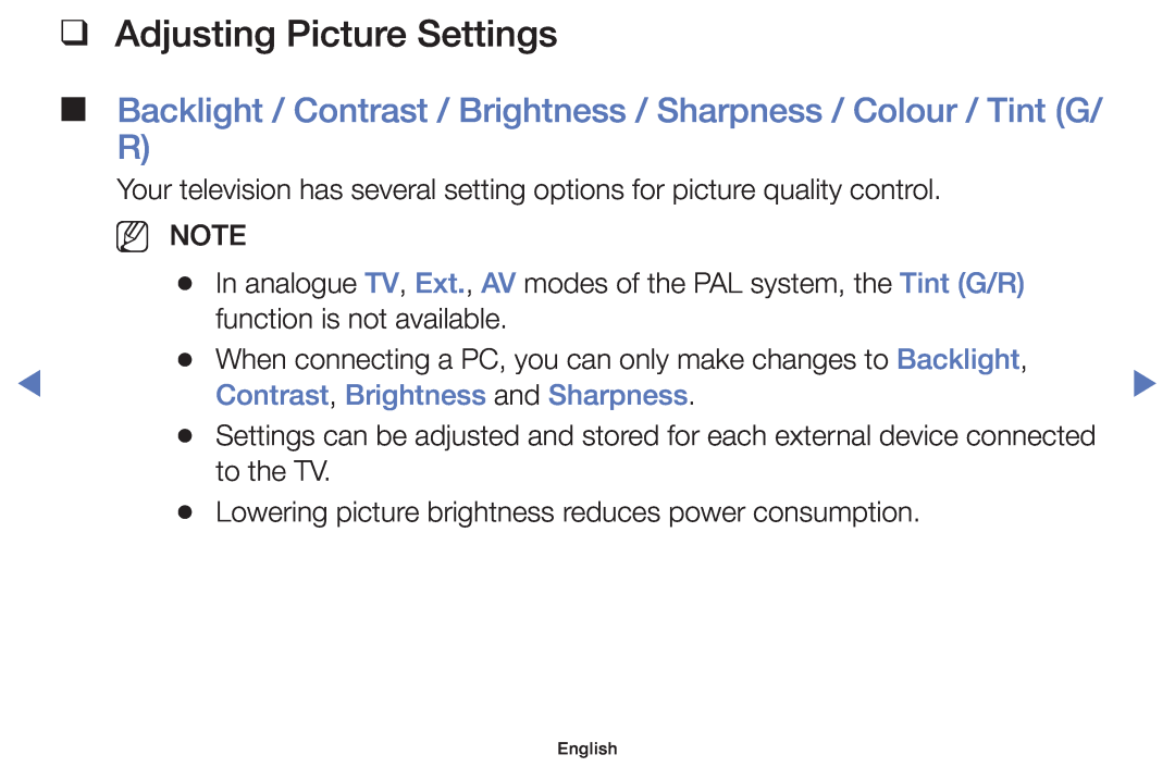 Samsung UE55J5100AWXZF Adjusting Picture Settings, Backlight / Contrast / Brightness / Sharpness / Colour / Tint G/ R 