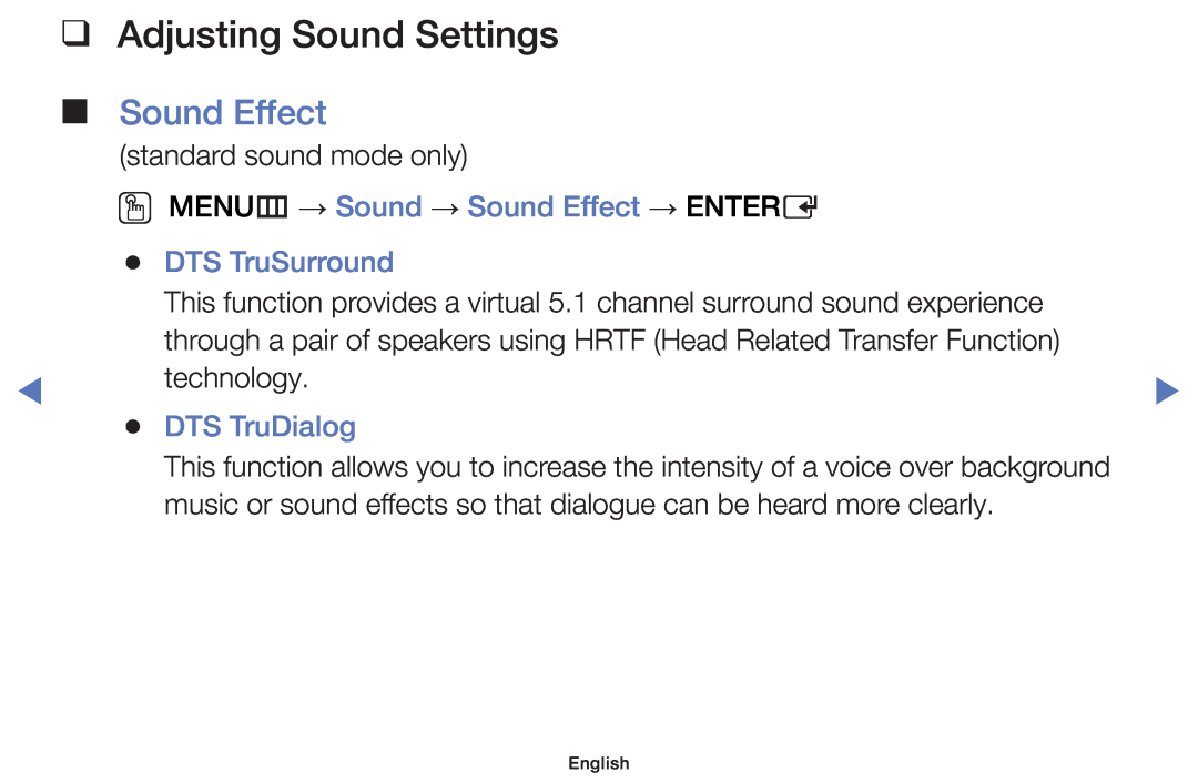 Samsung UE32J5000AWXXN manual Adjusting Sound Settings, OO MENUm → Sound → Sound Effect → ENTERE, DTS TruSurround 