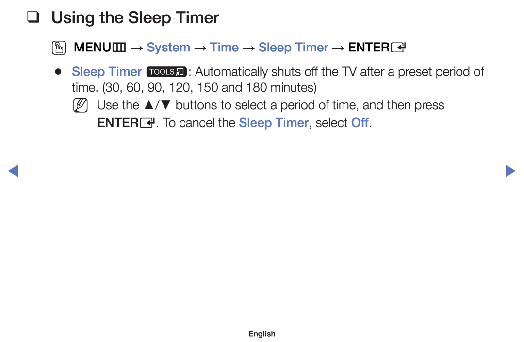 Samsung UE32J4000AWXZF, UE32J4000AWXXH manual Using the Sleep Timer, OO MENUm → System → Time → Sleep Timer → ENTERE 