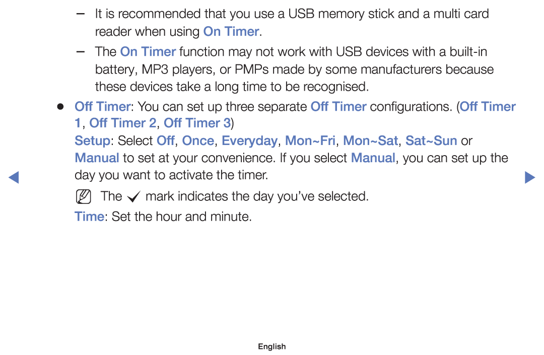 Samsung UE48J5000AWXXC manual 1, Off Timer 2, Off Timer, Setup Select Off, Once, Everyday, Mon~Fri, Mon~Sat, Sat~Sun or 