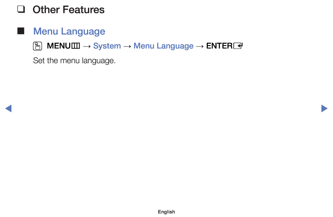 Samsung UE48J5000AWXXH OO MENUm → System → Menu Language → ENTERE, Other Features, Set the menu language, English 