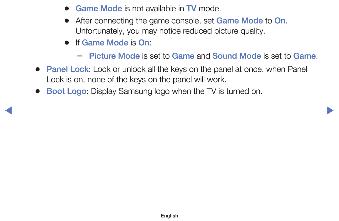 Samsung UE32J4000AWXBT manual If Game Mode is On, Picture Mode is set to Game and Sound Mode is set to Game, English 
