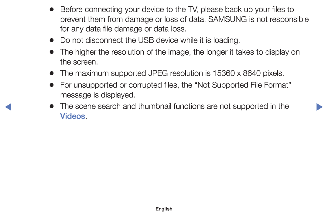 Samsung UE32J4000AWXXH, UE32J4000AWXXC manual Videos, Before connecting your device to the TV, please back up your files to 