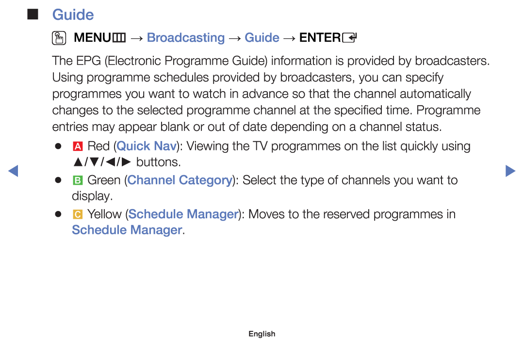 Samsung UE40J5000AWXZF, UE32J4000AWXXH, UE32J4000AWXXC manual OO MENUm → Broadcasting → Guide → ENTERE, Schedule Manager 
