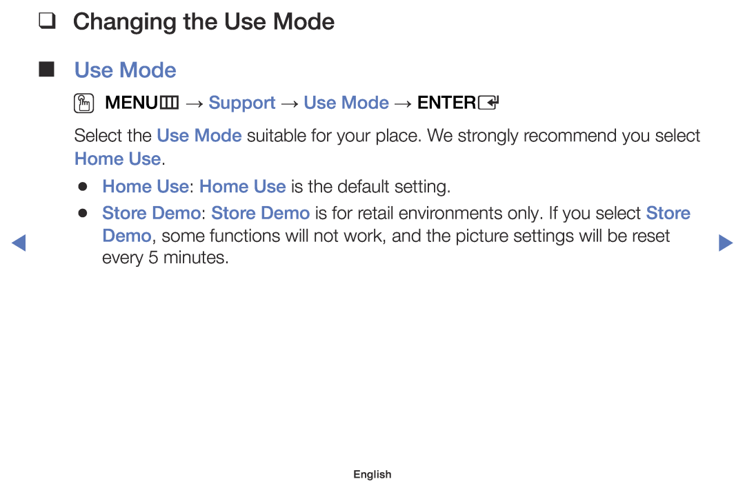 Samsung UE32J5000AWXZF, UE32J4000AWXXH Changing the Use Mode, OO MENUm → Support → Use Mode → ENTERE, Home Use, English 