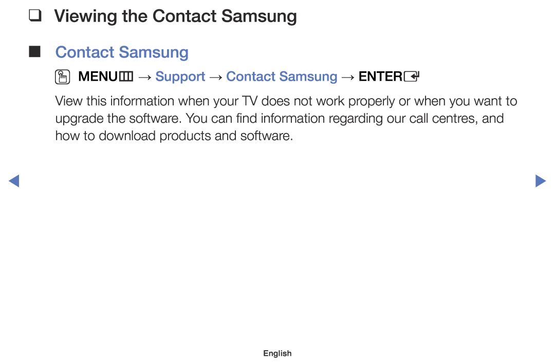 Samsung UE40J5000AWXZF, UE32J4000AWXXH Viewing the Contact Samsung, OO MENUm → Support → Contact Samsung → ENTERE, English 