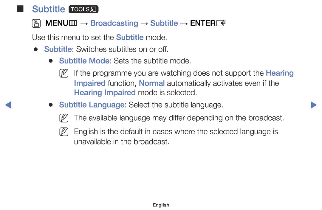 Samsung UE32J4000AWXXC manual Subtitle t, OO MENUm → Broadcasting → Subtitle → ENTERE, Hearing Impaired mode is selected 