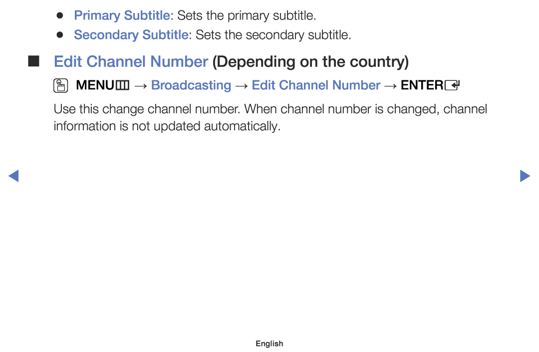 Samsung UE32J5000AWXXH Edit Channel Number Depending on the country, Primary Subtitle Sets the primary subtitle, English 