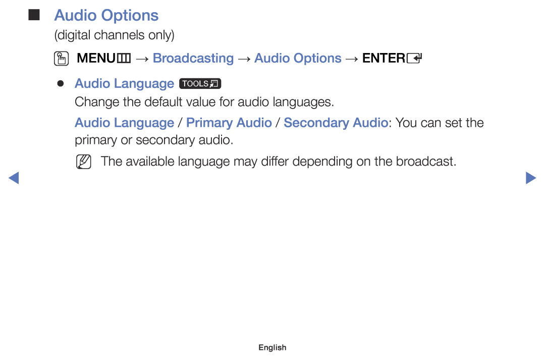 Samsung UE32J5000AWXXC, UE32J4000AWXXH manual OO MENUm → Broadcasting → Audio Options → ENTERE Audio Language t, English 