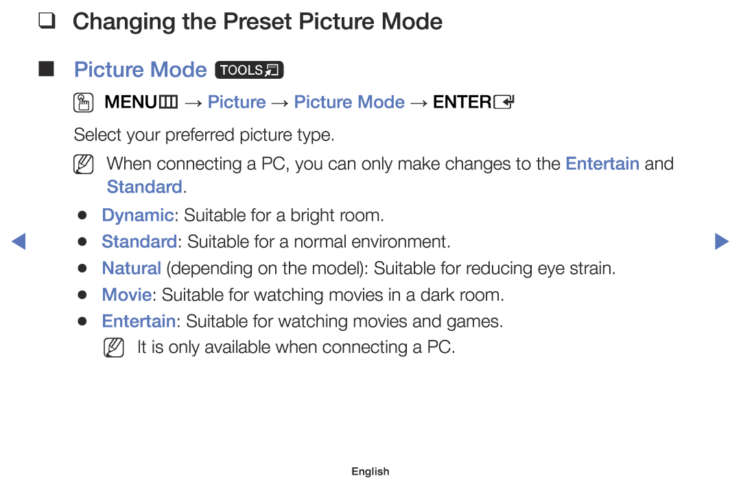 Samsung UE48J5000AWXZF manual Changing the Preset Picture Mode, Picture Mode t, OO MENUm → Picture → Picture Mode → ENTERE 