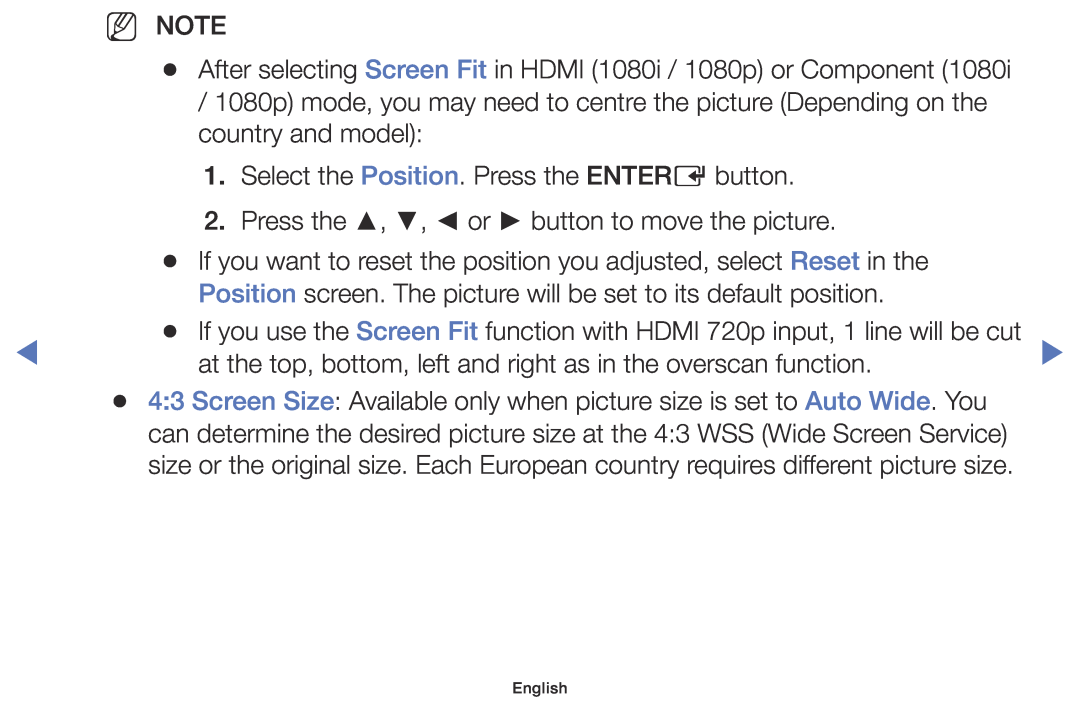 Samsung UE48J5000AWXXH, UE32J4000AWXXH manual NN NOTE After selecting Screen Fit in HDMI 1080i / 1080p or Component 