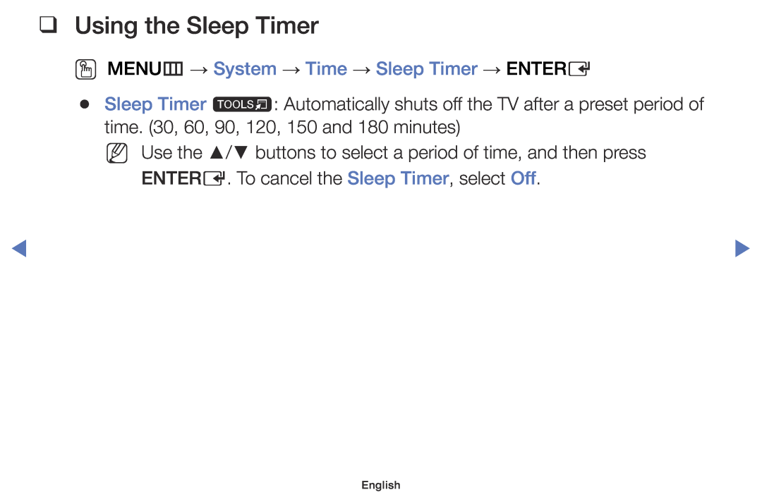 Samsung UE48J5000AWXBT, UE32J4000AWXXH manual Using the Sleep Timer, OO MENUm → System → Time → Sleep Timer → ENTERE 
