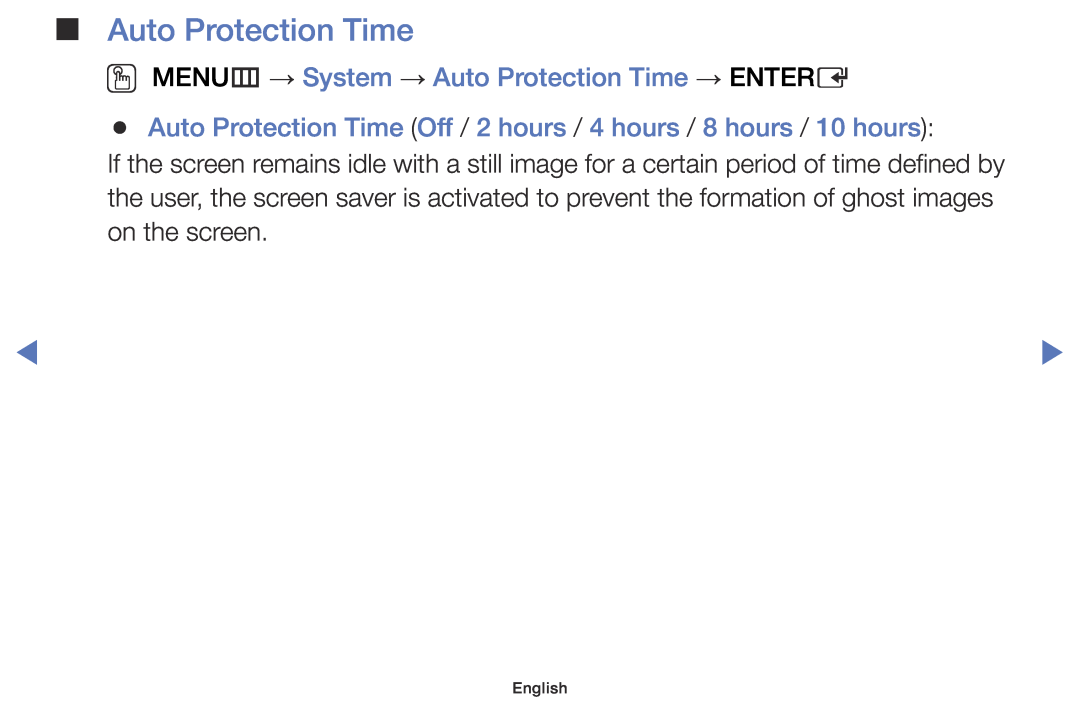 Samsung UE32J4000AWXXC, UE32J4000AWXXH, UE32J5000AWXXH manual OO MENUm → System → Auto Protection Time → ENTERE, English 