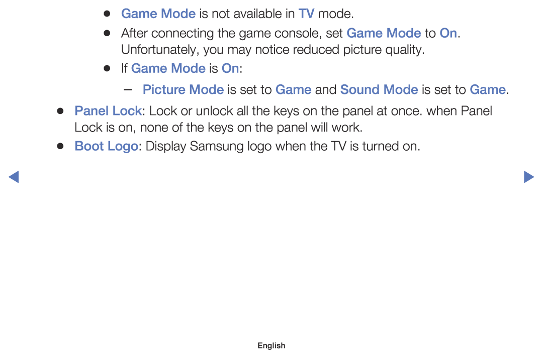 Samsung UE32J5000AWXXC manual If Game Mode is On, Picture Mode is set to Game and Sound Mode is set to Game, English 