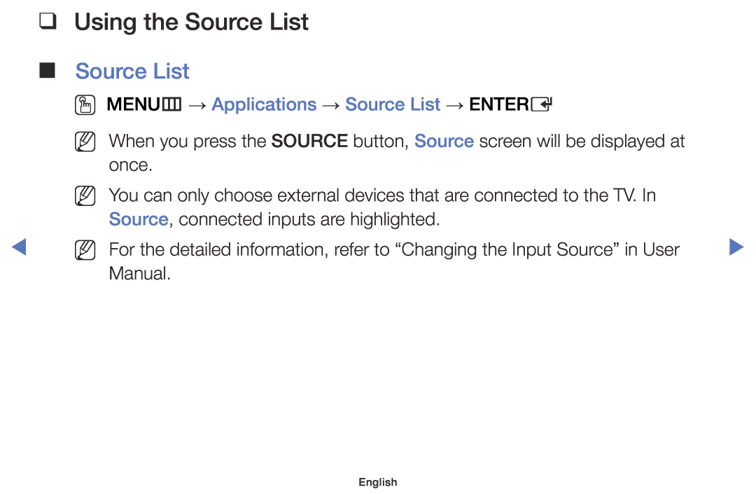 Samsung UE32J5000AWXZF manual Using the Source List, OO MENUm → Applications → Source List → ENTERE, Nn Nn Nn, English 