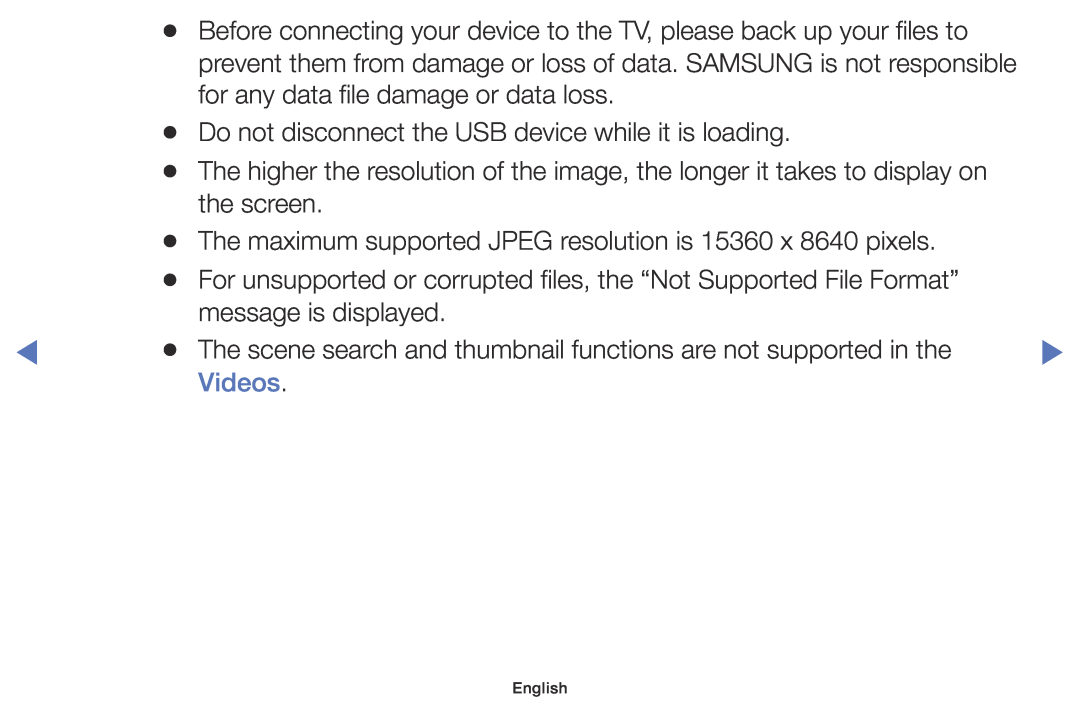 Samsung UE48J5000AWXZF, UE32J4000AWXXH manual Videos, Before connecting your device to the TV, please back up your files to 