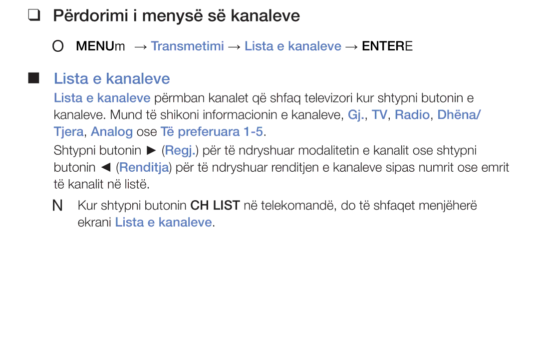 Samsung UE48J5000AWXXH, UE32J4000AWXXH, UE32J5000AWXXH, UE40J5000AWXXH manual Përdorimi i menysë së kanaleve, Lista e kanaleve 