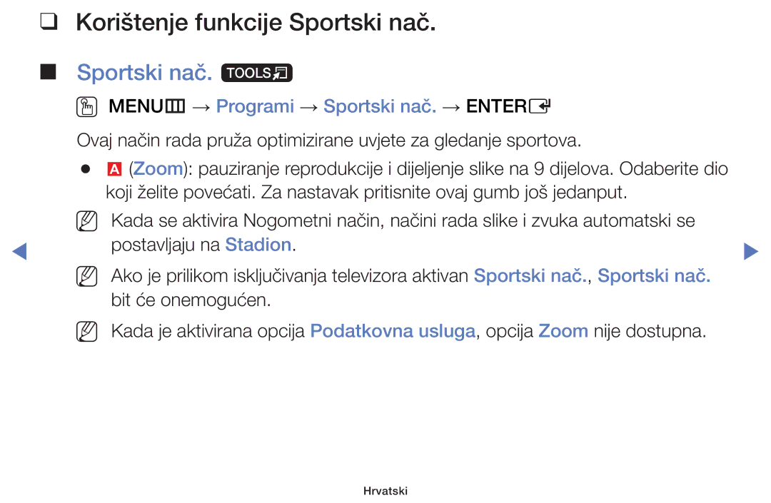 Samsung UE40J5002AKXXH Korištenje funkcije Sportski nač, Sportski nač. t, OO MENUm → Programi → Sportski nač. → Entere 