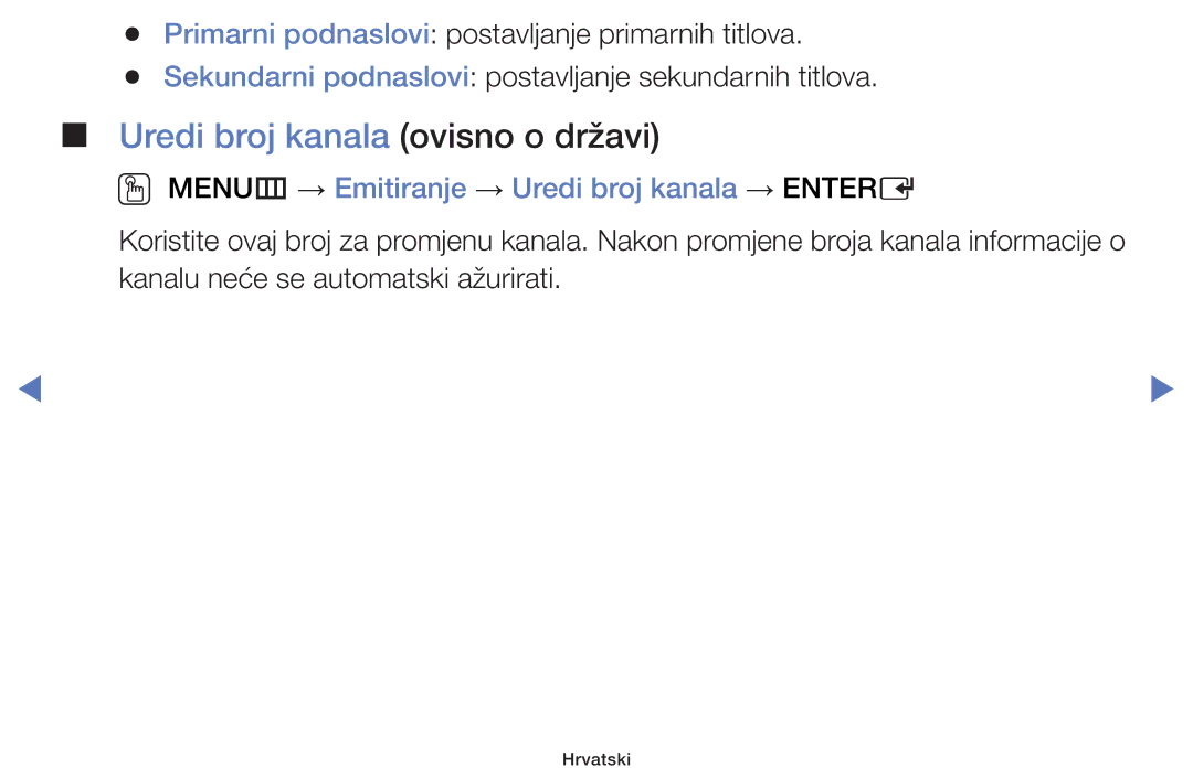 Samsung UE48J5000AWXXH manual Uredi broj kanala ovisno o državi, OO MENUm → Emitiranje → Uredi broj kanala → Entere 