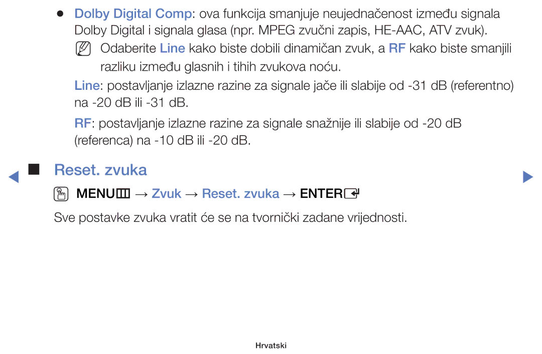 Samsung UE48J5002AKXXH, UE32J4000AWXXH, UE32J5000AWXXH, UE40J5000AWXXH manual OO MENUm → Zvuk → Reset. zvuka → Entere 