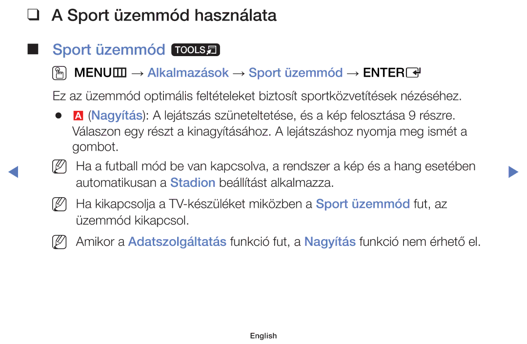 Samsung UE55J5100AWXBT manual Sport üzemmód használata, Sport üzemmód t, OO MENUm → Alkalmazások → Sport üzemmód → Entere 